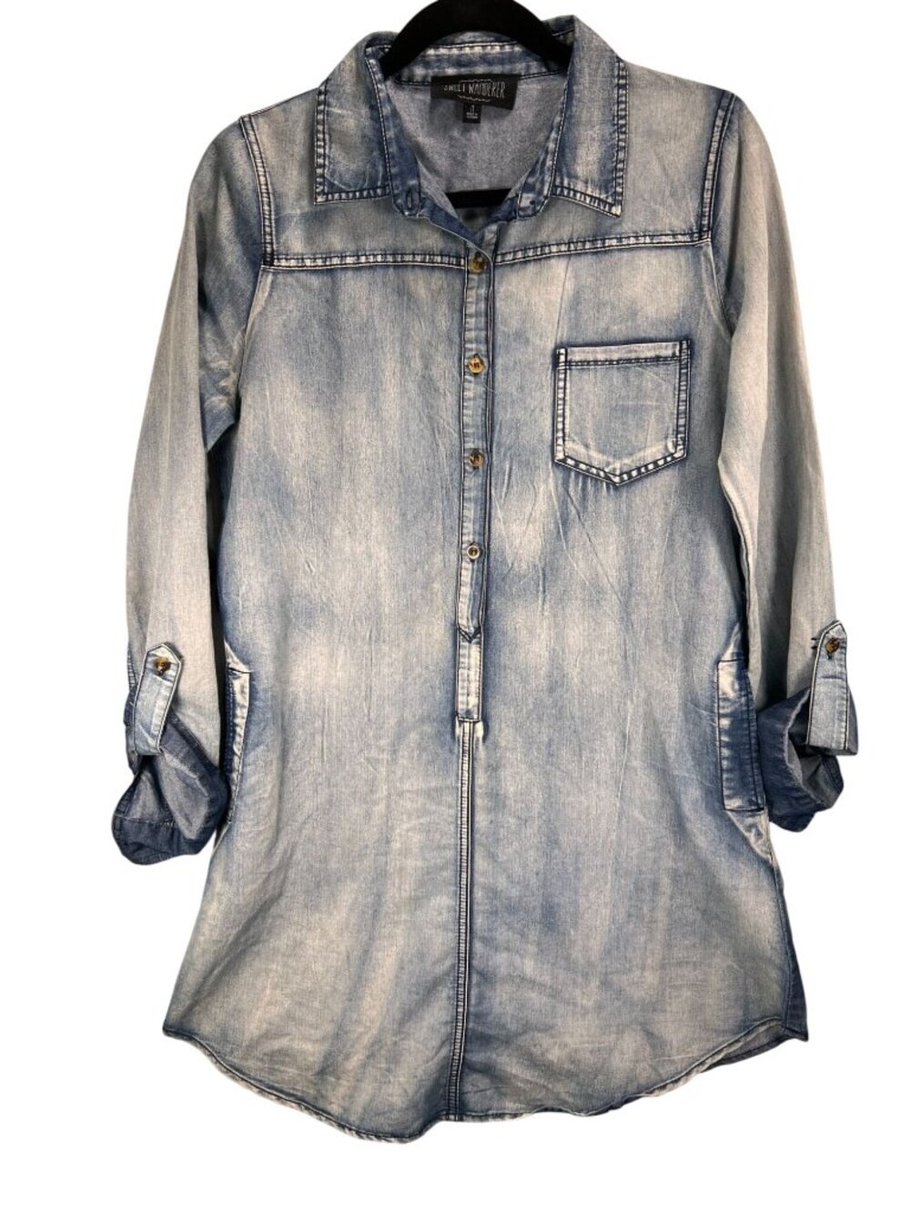 Sweet Wanderer Denim Tunic Shirt Dress M Roll Tab Sleeves Pockets Blue Chambray
